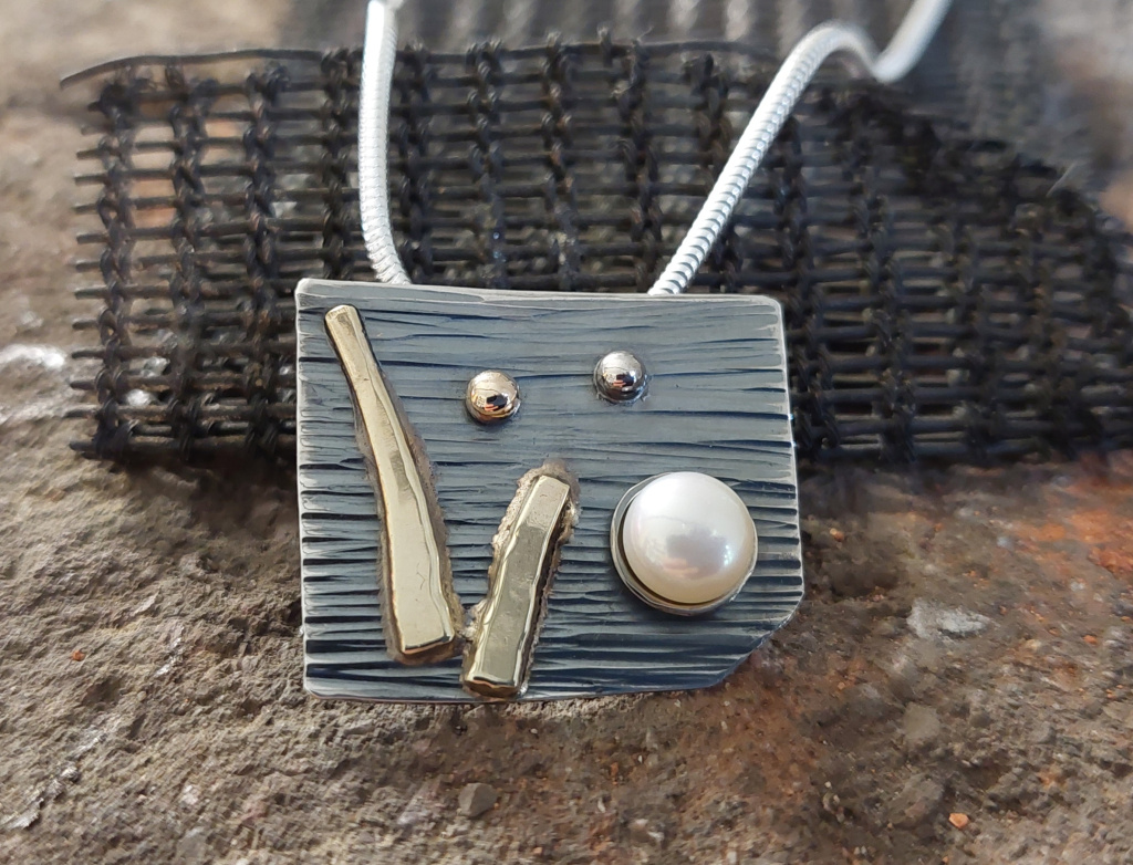 Anhänger 925-er Silber mit Goldstreifen und Perle  Handarbeit
